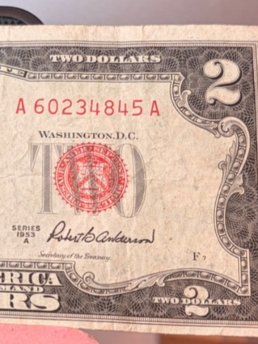 1953 $2 Note Red Seal Banknotes Ser. A60234845 A #206566002086
